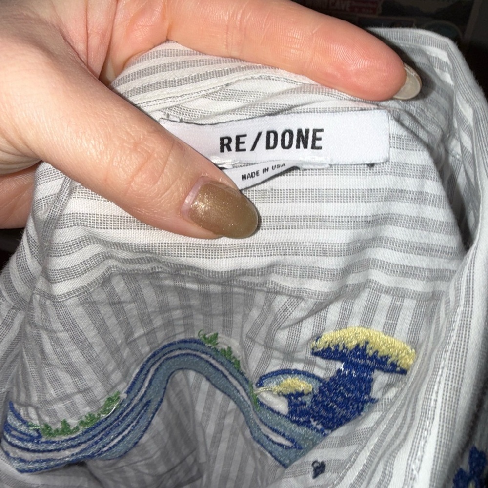 Re/Done UPCYCLED EMBROIDERED STRIPED COTTON SHIRT IN WHITE Small - Picture 7 of 7